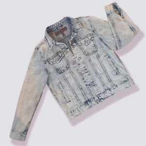 Distressed Light Wash Denim Jacket: Slim Fit. WORN TWICE.